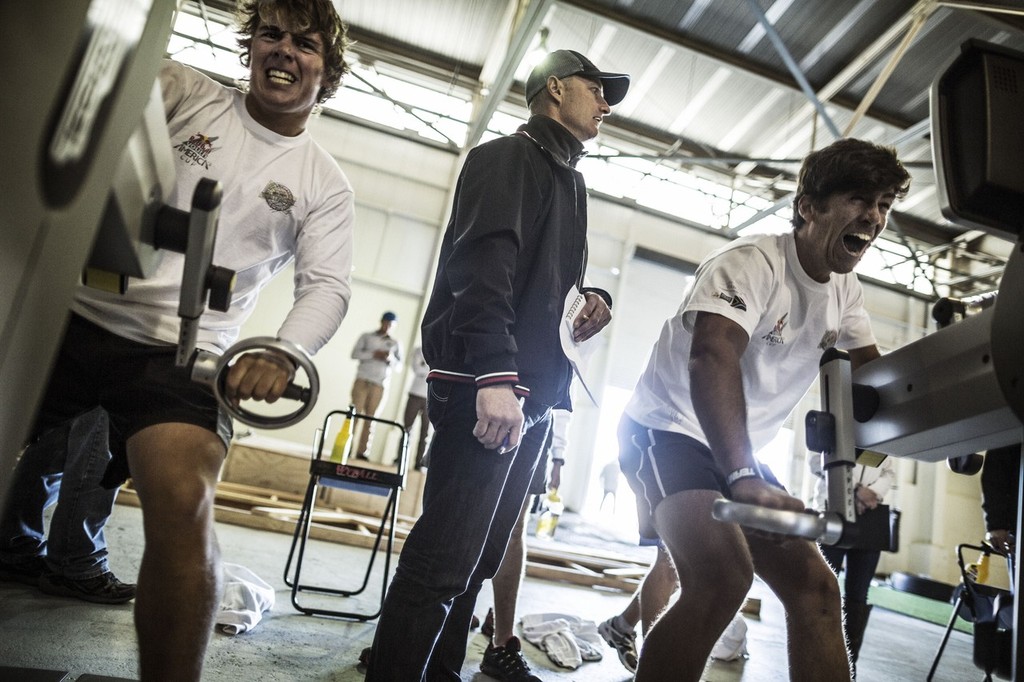 Members of the South African team ’iKaziKati’ perform during a physical test on the opening day of the Red Bull Youth America´s Cup Selection Series in San Francisco, California, USA <br />
 © Balazs Gardi / Red Bull Content Pool